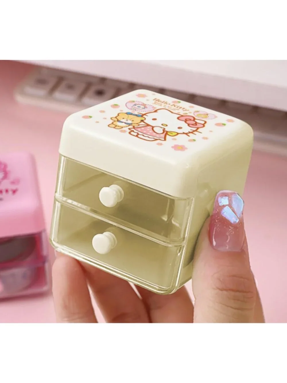 Hello Kitty Double-Layer Mini Drawer Organizer Desktop Storage Stickers Jewelry